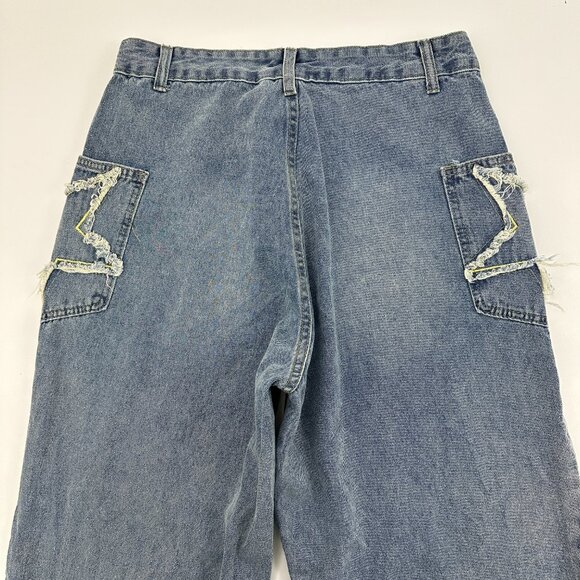 Romwe Baggy Distressed Raw Hem Star Detail Women's size L 8 10 Blue Denim jeans - Picture 5 of 5